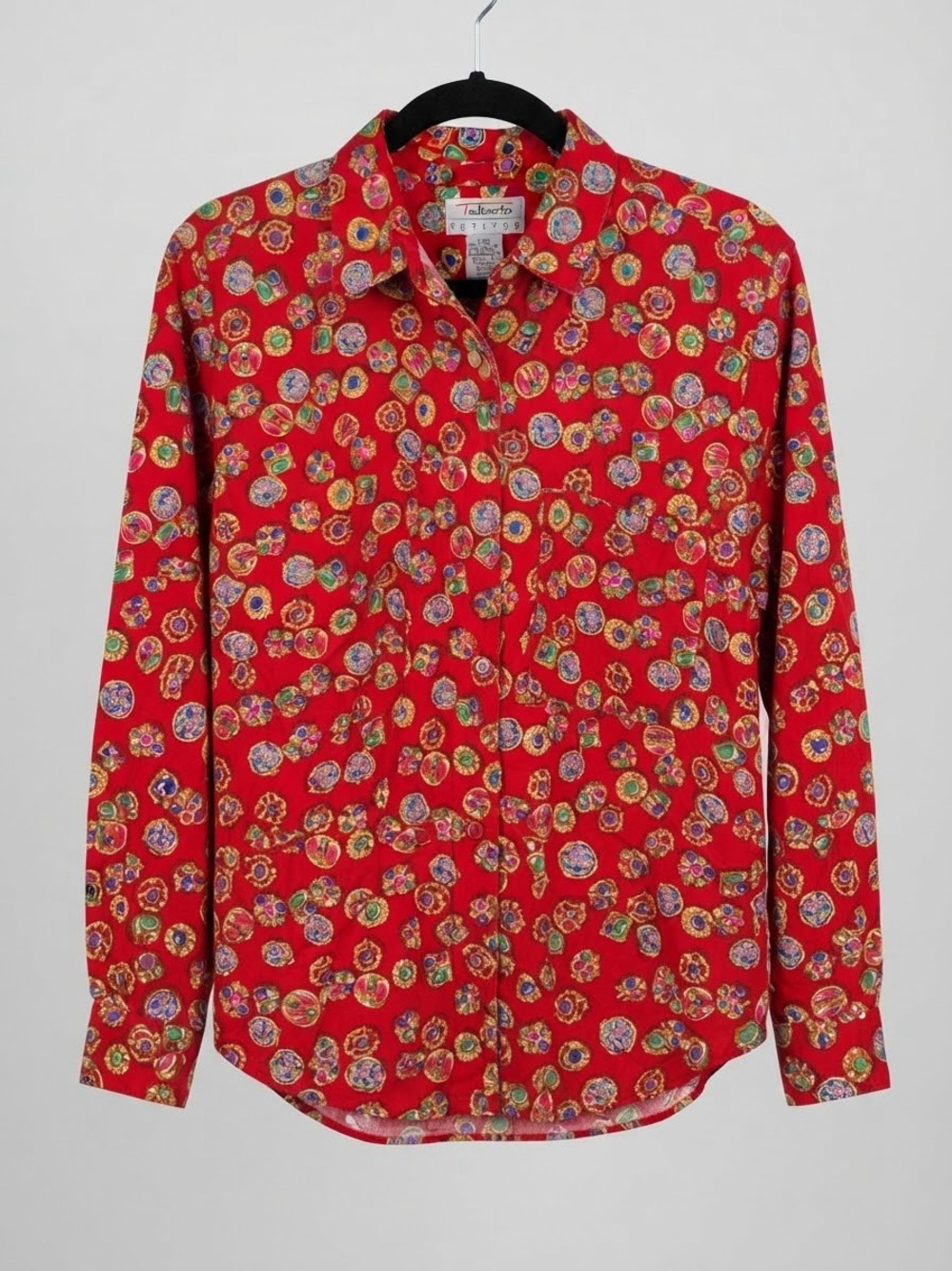 Talbots Red Button-Down Shirt with Multicolor Medallion Print